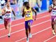 Athletes sprinting on a track, LSU runner in yellow and purple leading the race.