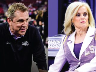 Split image: left shows a man in a dark athletic top leaning forward and smiling on a sports field; right shows a blonde woman in a lavender-white blazer seated on a bench.