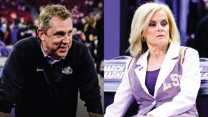Split image: left shows a man in a dark athletic top leaning forward and smiling on a sports field; right shows a blonde woman in a lavender-white blazer seated on a bench.
