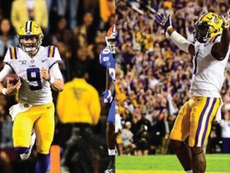 Split image of LSU football players: left panel shows quarterback wearing number 9 in white jersey and gold pants sprinting with the ball; right panel shows a player in white and gold celebrating in the end zone with arms raised.