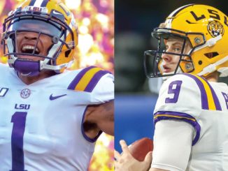 Split image of two LSU football players: left, jersey number 1 celebrating with arms raised; right, quarterback number 9 Burrow in helmet holding a football.