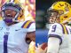 Split image of two LSU football players: left, jersey number 1 celebrating with arms raised; right, quarterback number 9 Burrow in helmet holding a football.