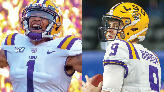 Split image of two LSU football players: left, jersey number 1 celebrating with arms raised; right, quarterback number 9 Burrow in helmet holding a football.