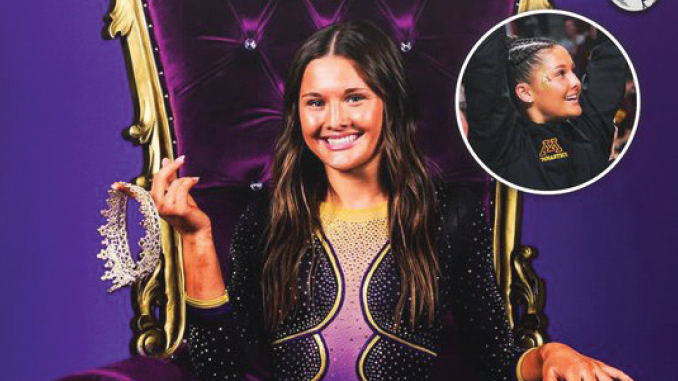 Smiling young girl sits on a purple throne in a sparkly outfit, with a tiara resting on the armrest. An inset shows a close-up portrait of her.