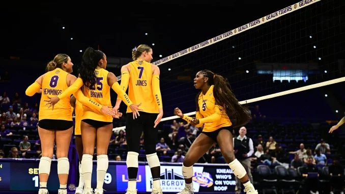 Volleyball players in yellow uniforms huddle on the court near the net during a match.