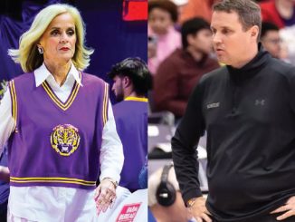 Split image of two basketball coaches: on the left, an older woman in a purple team vest over a white blouse; on the right, a man in a black athletic pullover with hands on his hips.