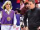 Split image of two basketball coaches: on the left, an older woman in a purple team vest over a white blouse; on the right, a man in a black athletic pullover with hands on his hips.