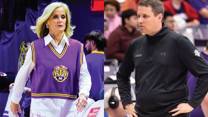 Split image of two basketball coaches: on the left, an older woman in a purple team vest over a white blouse; on the right, a man in a black athletic pullover with hands on his hips.