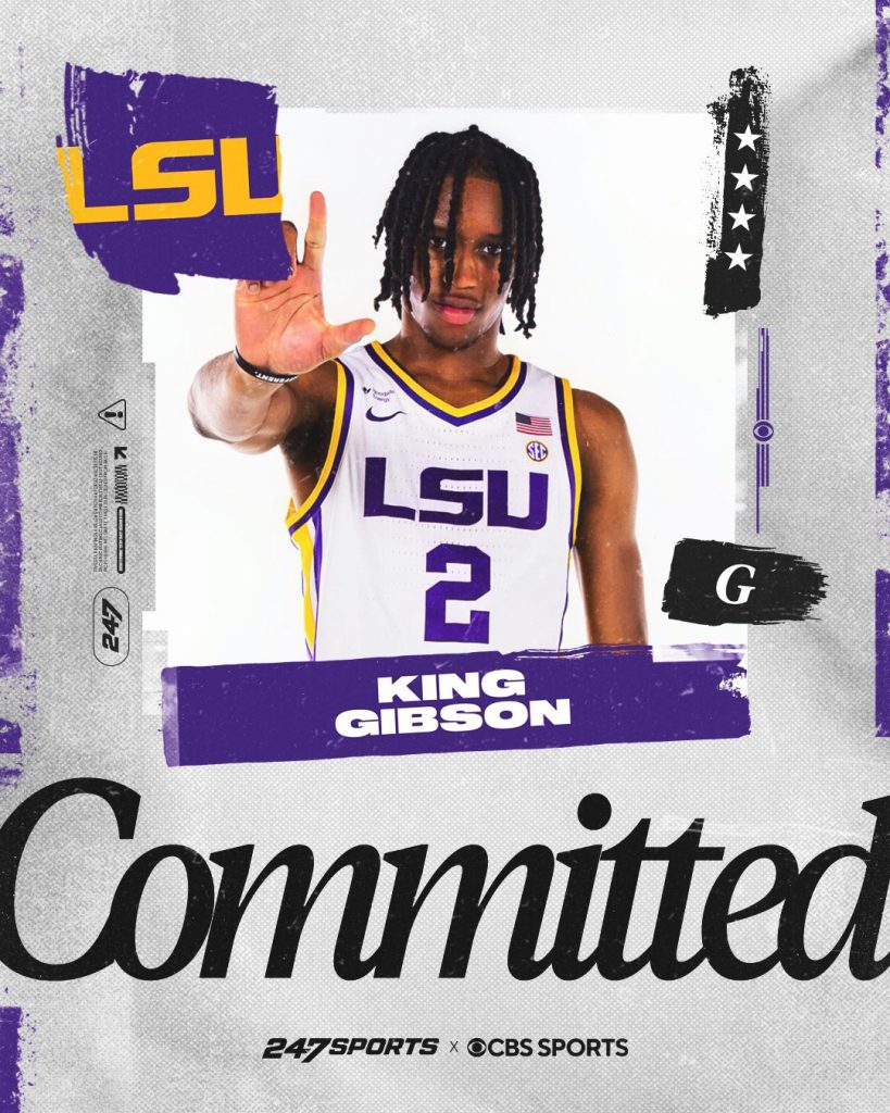 KingRecruit | TigerRag.com Promotional poster of LSU basketball player King Gibson in a white jersey #2, reaching forward amid purple graphics and the word'Committed'.
