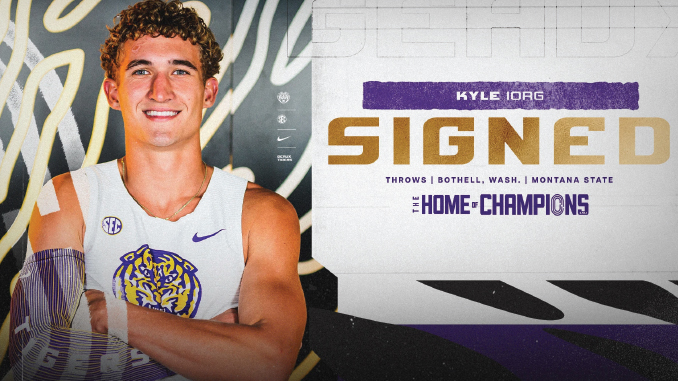 Portrait of a smiling college athlete in a white jersey posing beside a bold 'SIGNED' banner with 'The Home of Champions' text.