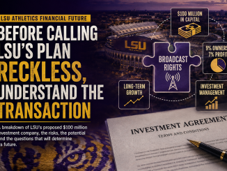 Infographic cover: LSU athletics financial future with bold headline, stadium backdrop, and visuals of broadcast rights puzzle, capital, growth charts, and an investment agreement