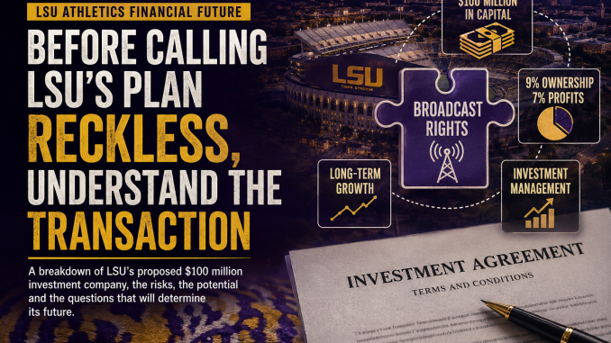 Infographic cover: LSU athletics financial future with bold headline, stadium backdrop, and visuals of broadcast rights puzzle, capital, growth charts, and an investment agreement