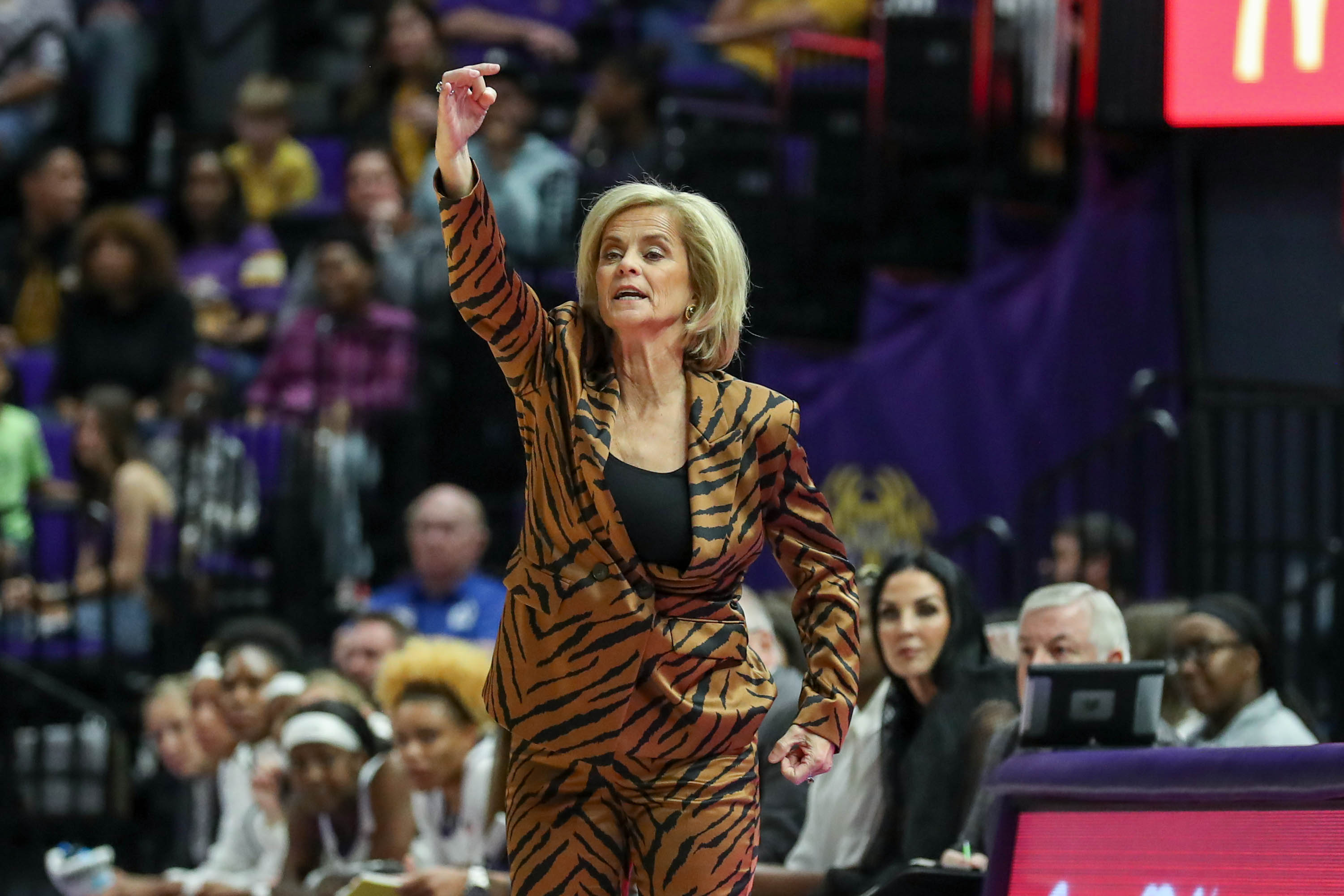 LSU coach Kim Mulkey shouts instructions during Sunday's win over Vanderbilt