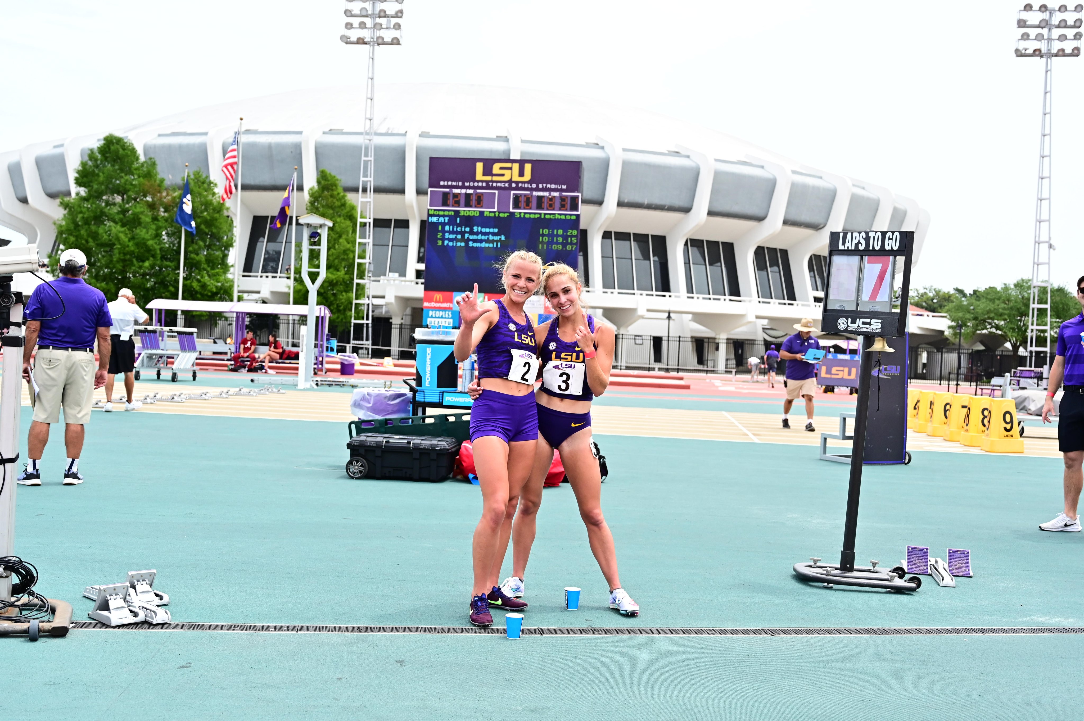 LSU's Alicia Stamey (right) edged teammate Sara Funderburk to win the 3,000-meter steeplechase with a school record time in Saturday's final home meet of the outdoor season. Photo courtesy of LSU athletics.