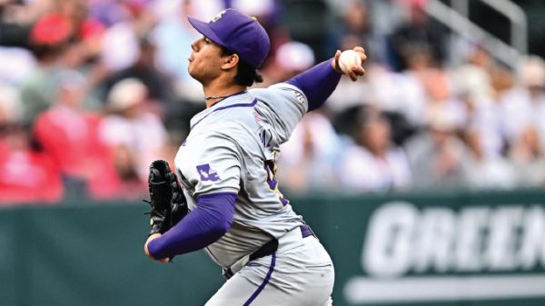Marcos Paz started and lasted 1.1 innings, giving up 7 of Georgia's 8 runs in the second inning before being lifted. (Photo by LSU Athletics)