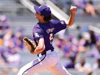 Baseball pitcher in a purple uniform and cap throwing a pitch on the mound with blurred spectators in the stands behind.