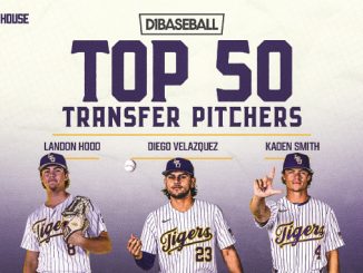Promotional banner for DiBASEBALL Top 50 Transfer Pitchers featuring Landon Hood, Diego Velazquez, and Kaden Smith in Tigers uniforms, with Power House and DiBASEBALL logos in a purple gradient background.