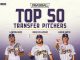 Promotional banner for DiBASEBALL Top 50 Transfer Pitchers featuring Landon Hood, Diego Velazquez, and Kaden Smith in Tigers uniforms, with Power House and DiBASEBALL logos in a purple gradient background.