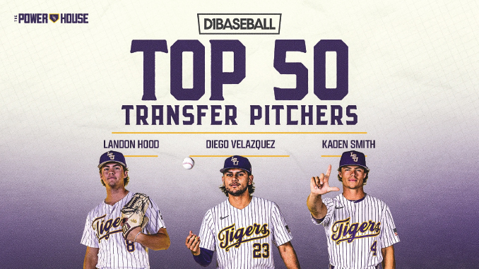 Promotional banner for DiBASEBALL Top 50 Transfer Pitchers featuring Landon Hood, Diego Velazquez, and Kaden Smith in Tigers uniforms, with Power House and DiBASEBALL logos in a purple gradient background.