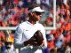 Lane Kiffin, LSU head coach, warming up at Auburn 2026