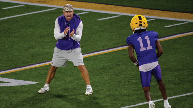 LSUFballPractice_081525_BlakeBakerPJWoodland_MBacigalupi Blake Baker, LSU Defensive Coordinator