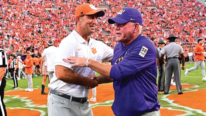 LSUFballVClemson2025_BrianKellyDaboSwinney_LSUAthletics Brian Kelly and Dabo Swinney