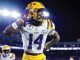 LSU football player wearing number 14 saluting with his right hand during a night game on the field.