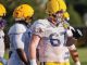 Football players in yellow helmets and white uniforms on a sunny practice field; foreground player wearing number 67.