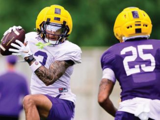 American football player in a white jersey and yellow helmet catches a football as a teammate in purple defends nearby, on a green field.
