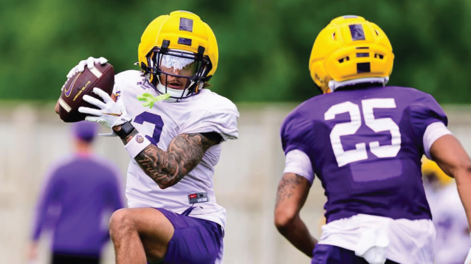 American football player in a white jersey and yellow helmet catches a football as a teammate in purple defends nearby, on a green field.