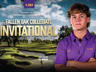 Poster for Fallen Oak Collegiate Invitational featuring an LSU golfer in a purple polo on a sunlit golf course backdrop