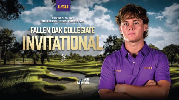Poster for Fallen Oak Collegiate Invitational featuring an LSU golfer in a purple polo on a sunlit golf course backdrop