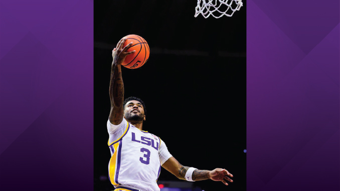 Basketball player in an LSU uniform (#3) leaping toward the basket for a layup/dunk.