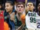 Collage of five basketball players from different teams: St. John’s #12, guard with cornrows, green-jersey guard with ball, Michigan State #99, Kentucky #23.