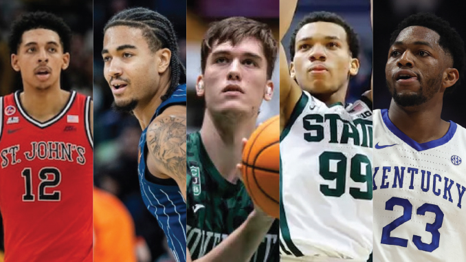 Collage of five basketball players from different teams: St. John’s #12, guard with cornrows, green-jersey guard with ball, Michigan State #99, Kentucky #23.