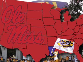 Red United States map silhouette with a large 'Ole Miss' script across the central-west, overlaid on a street crowd; a person waves a white flag with a tiger mascot.