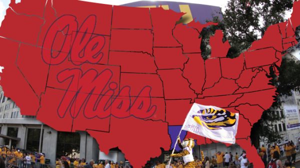 Red United States map silhouette with a large 'Ole Miss' script across the central-west, overlaid on a street crowd; a person waves a white flag with a tiger mascot.