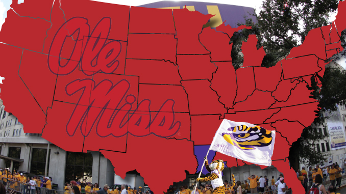 Red United States map silhouette with a large 'Ole Miss' script across the central-west, overlaid on a street crowd; a person waves a white flag with a tiger mascot.