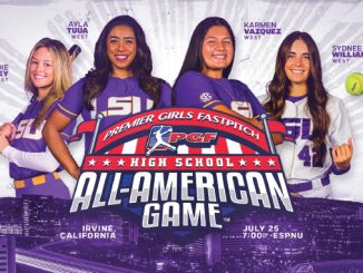 Four female softball players in purple uniforms stand behind a large banner for the Premier Girls Fastpitch All-American Game, a high school showcase poster.