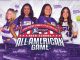 Four female softball players in purple uniforms stand behind a large banner for the Premier Girls Fastpitch All-American Game, a high school showcase poster.