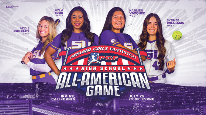 Four female softball players in purple uniforms stand behind a large banner for the Premier Girls Fastpitch All-American Game, a high school showcase poster.