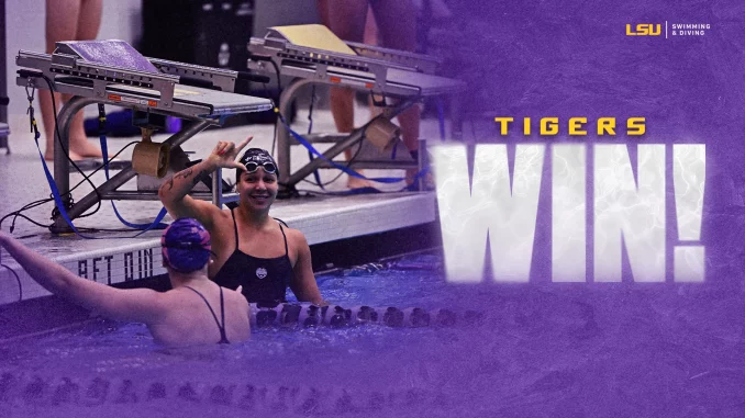 LSU Tigers Swim & Dive banner with swimmers celebrating in the pool, purple overlay and tiger logo in the corner.