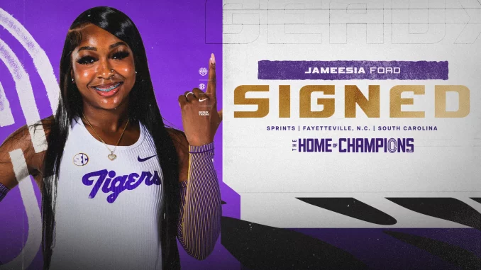 Promotional banner announcing Jamees ia Ford as signed sprinter, with a smiling athlete on the left and 'SIGNED' on the right.