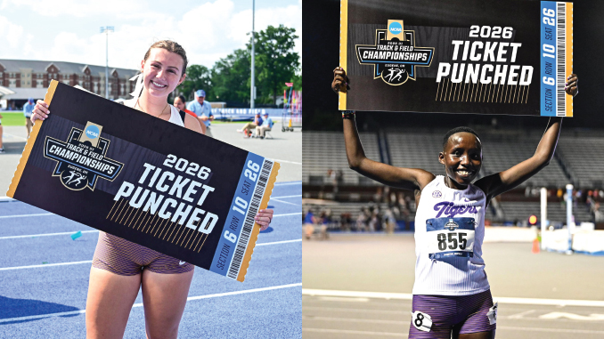 Two track athletes holding a large '2026 Ticket Punched' banner, celebrating qualification.
