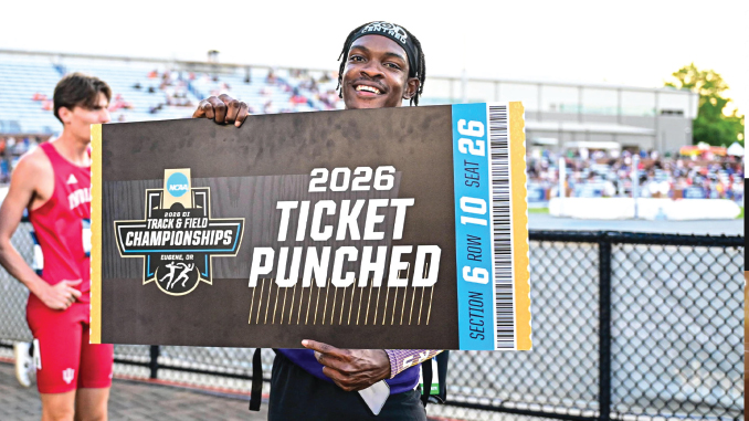 Smiling athlete holds a large mock ticket reading '2026 TICKET PUNCHED' at a track and field championships event.