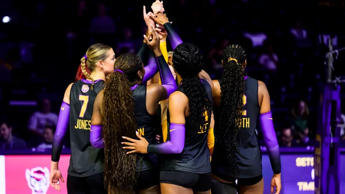 Women’s basketball team huddling with hands joined in a circle before a game, backs facing camera in black and purple uniforms.