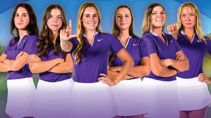 Six female athletes in matching purple tops and white skirts stand in a row, posing confidently as a team photo.