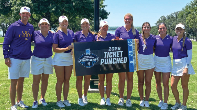 Eight LSU athletes in purple tops and white skirts pose on a sunny grassy field, holding a banner that reads '2026 Ticket Punched'.