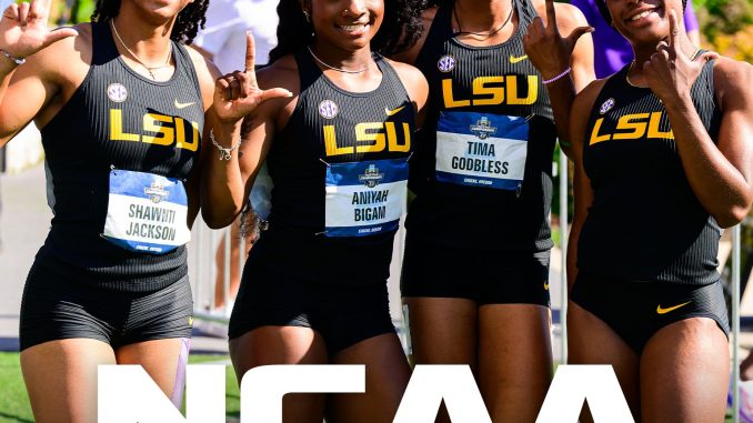 Four LSU women track athletes posing together at the NCAA Outdoor Track & Field Championships, wearing black and yellow LSU uniforms.