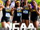 Four LSU women track athletes posing together at the NCAA Outdoor Track & Field Championships, wearing black and yellow LSU uniforms.